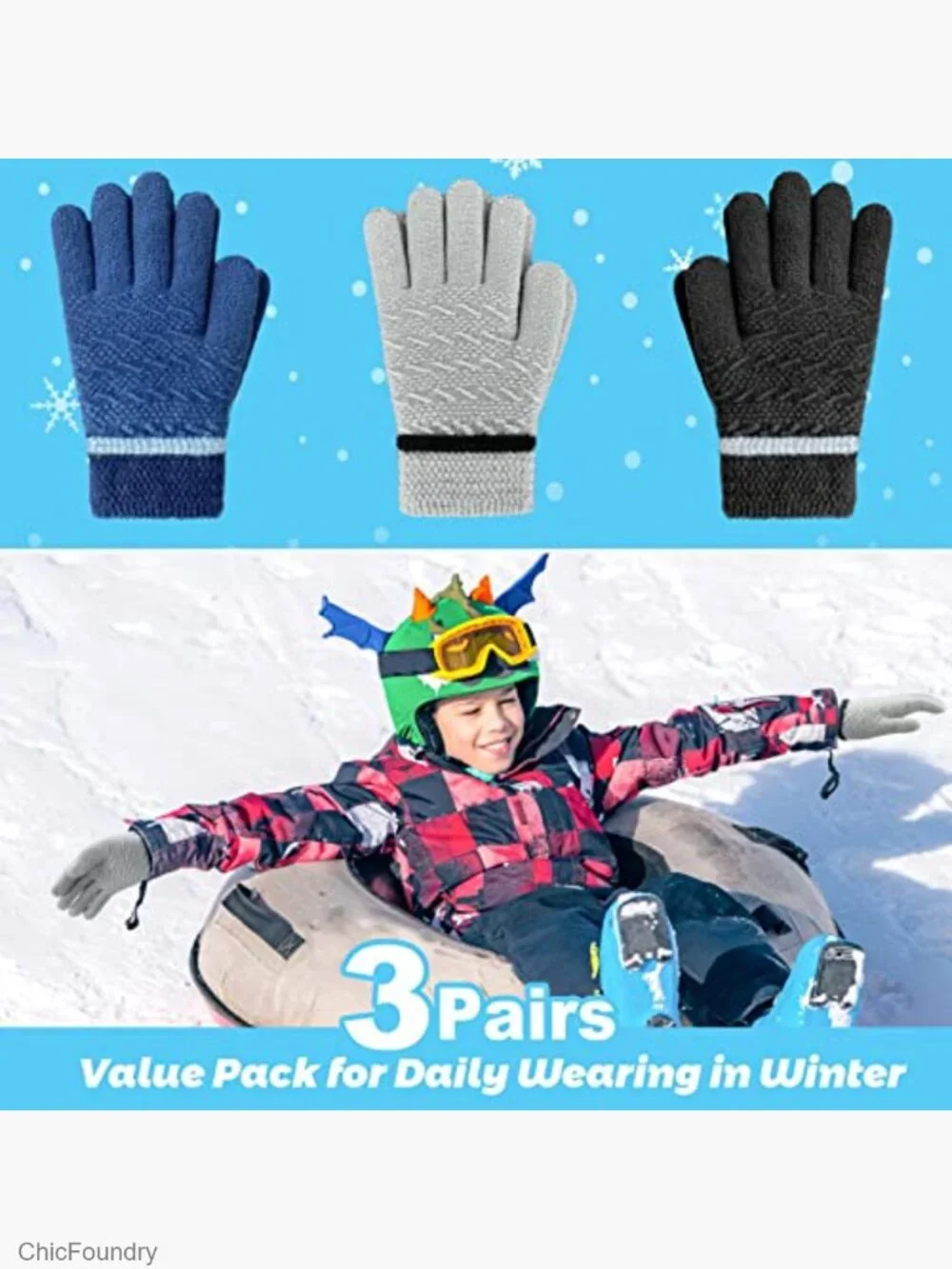 Kids 3 Pairs Winter Gloves Knit Stretch Fleece Lined Warm